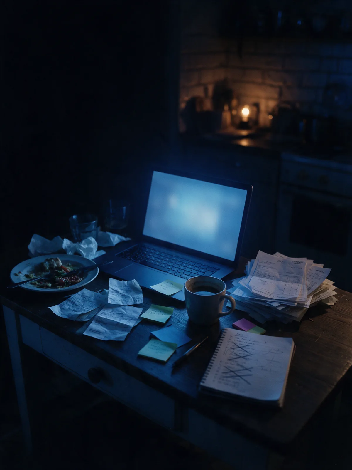 A kitchen table late at night: laptop glow, a cold dinner, receipts and a notebook of crossed-out lists